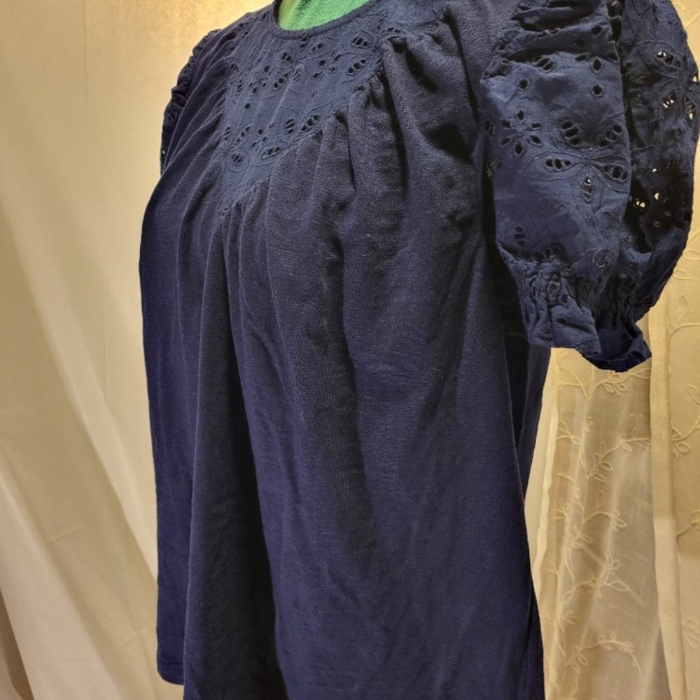 Eyelet Puff Sleeve Mixed Media Navy Top